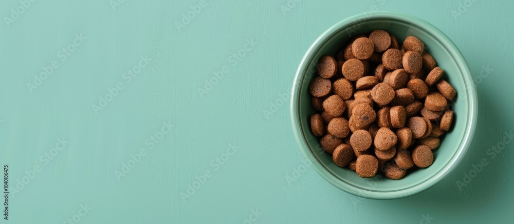 Aufkleber a bird s eye view of dog food in a bowl on a light green background with space for text or images su