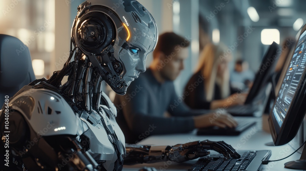 Aufkleber robot working at computer among people. maschine typing on keyboard in office. it team of future. fu