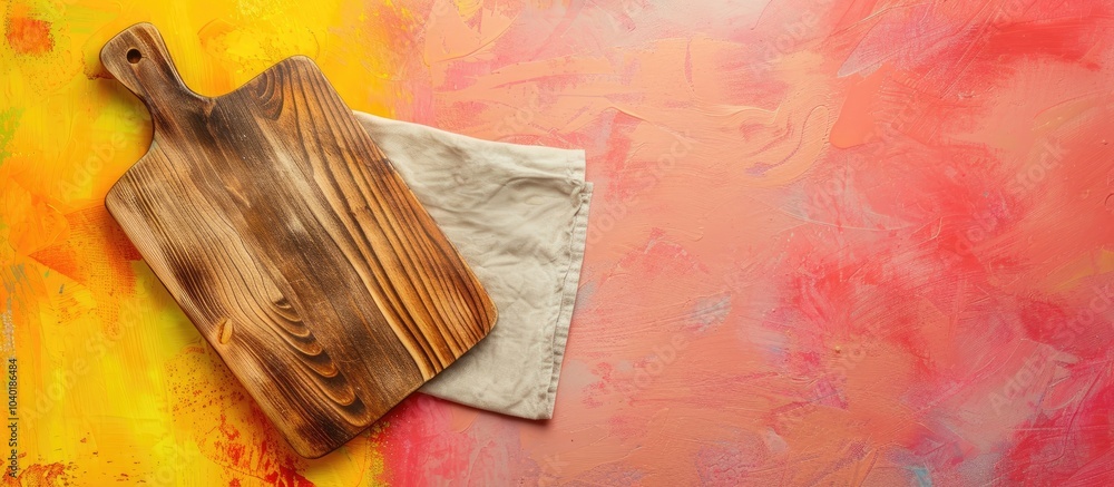 Poster top view of a cutting board with a napkin on a colored background offering ample copy space image
