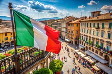 Vibrant italian flag waving over colorful cityscape