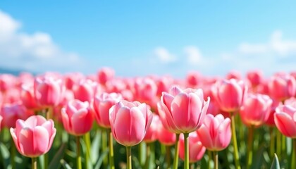 Obraz premium Blooming in the sunshine A field of vibrant pink tulips