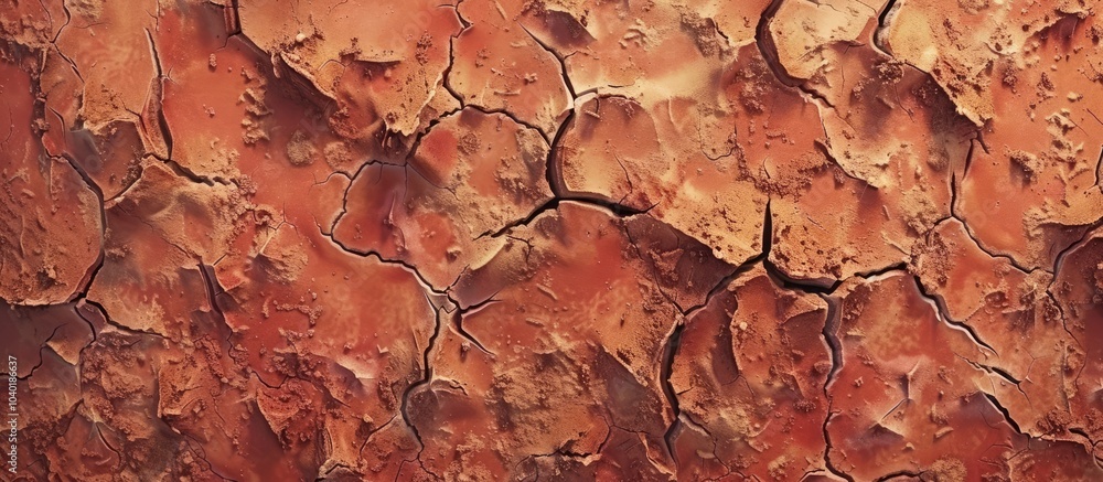 Poster top view of cracked red clay soil in a drought ideal as a copy space image