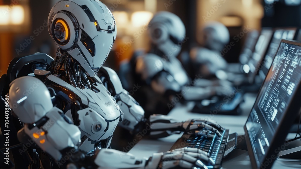 Aufkleber robot working at computer among people. maschine typing on keyboard in office. it team of future. fu