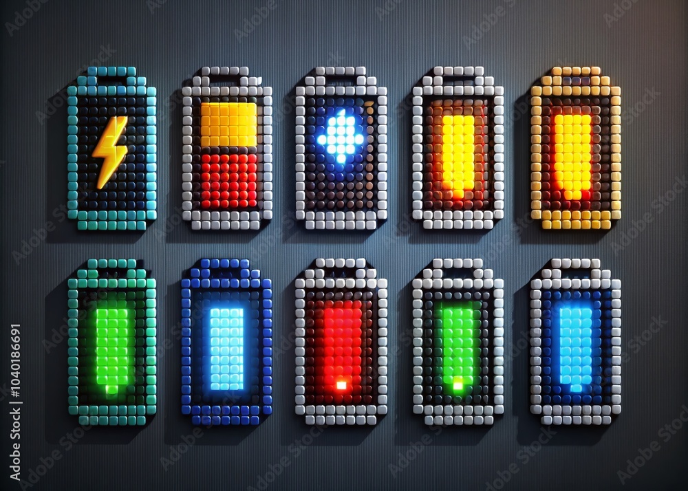 Poster pixel battery charging icons in 8-bit retro style for energy level indicators on mobile devices