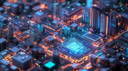 Obraz premium Isometric Smart City. IoT-Driven Management with Microchip Integration
