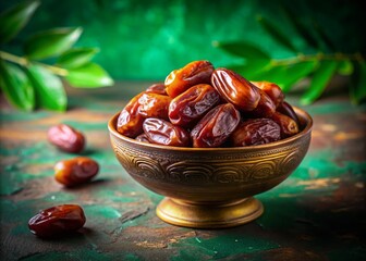 Pitted Sweet Dates in a Bowl for Ramadan on Green Background - Top View Drone Photography