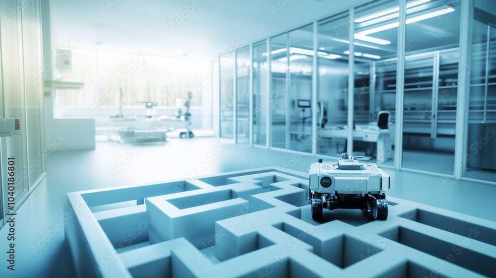 Aufkleber A robot navigating a complex maze in a high-tech robotics research lab, clean and innovative research environment, Research-tech style