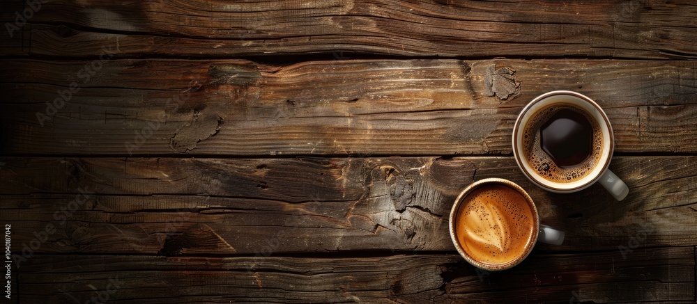 Poster aerial view of two coffee cups with americano and espresso on a wooden table with copy space image