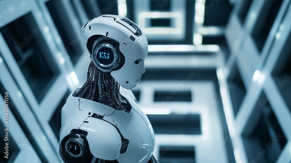 Poster a robot navigating a complex maze of high-tech sensors in a futuristic robotics testing facility, cl