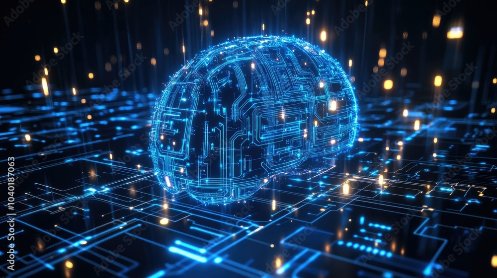 Poster digital hologram of an ai brain with futuristic blue circuits and ample copy space