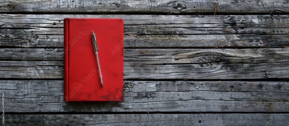 Poster a red notebook and pen placed on a gray wooden surface with ample copy space image