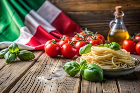 Classic italian dish of spaghetti with italian flag in background