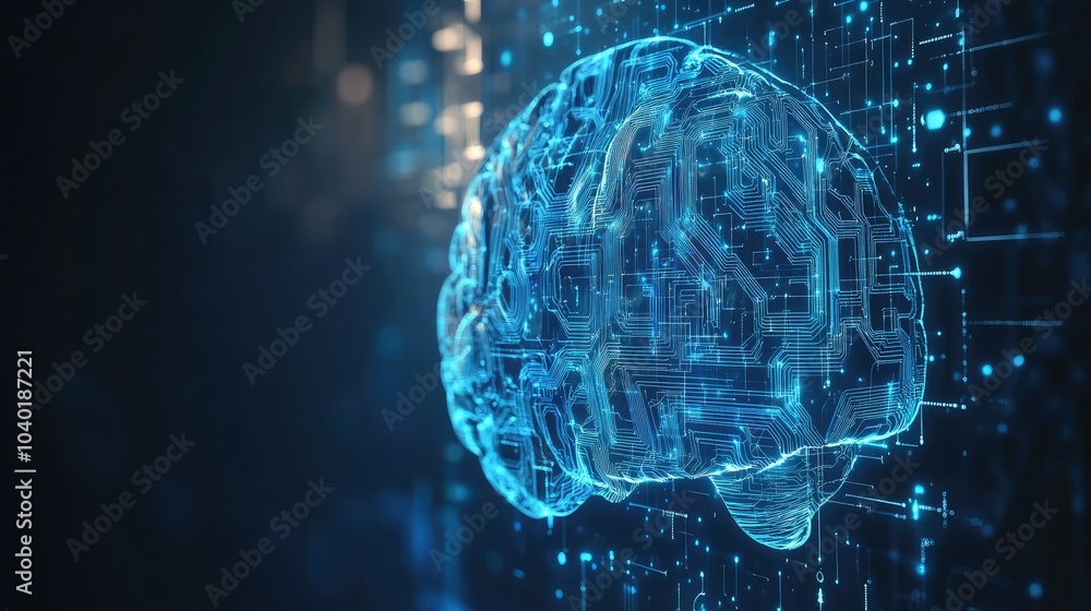 Aufkleber digital hologram of an ai brain with futuristic blue circuits and ample copy space
