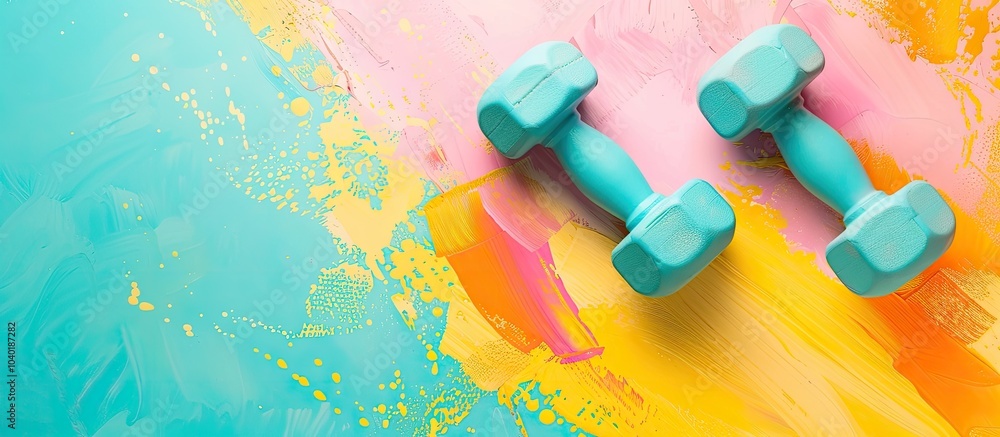 Poster top view of dumbbells for training on a colorful background with copy space image