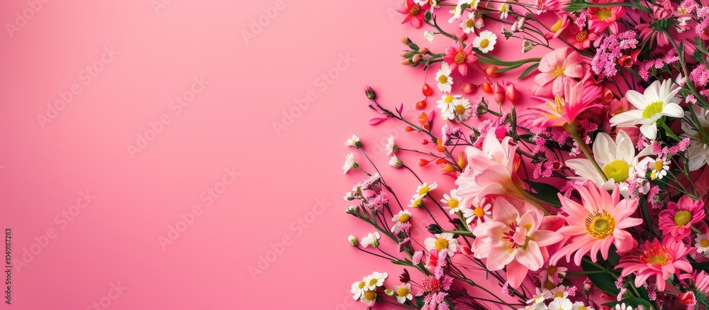 Poster easter card with spring flowers arranged in a flat lay style on a vibrant pink backdrop with ample s