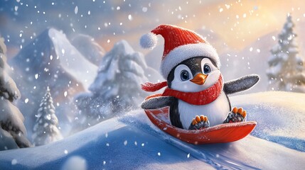 Obraz premium Cute Penguin Sledding down a Snowy Mountain Wearing a Red Hat and Scarf. Christmas Image