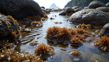  Natural beauty  A serene stream with vibrant orange seaweed and rocks