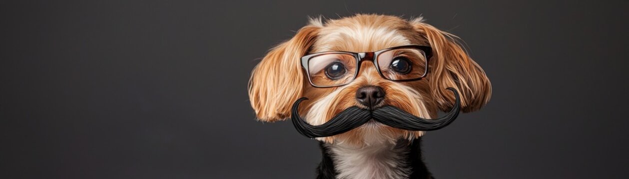 November mustache prop for pet concept.  A stylish dog wearing glasses and a fake mustache poses against a dark background showcasing a cute and humorous character
