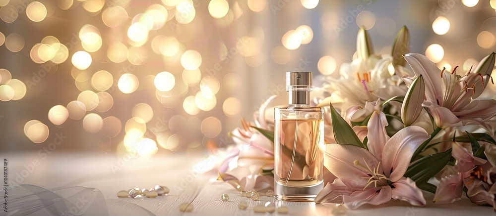 Poster closeup of perfume bottles and a bouquet of lovely lilies on a table with a soft beige background an
