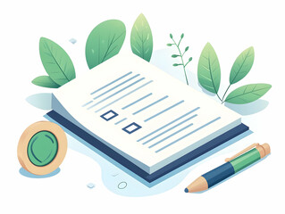 Flat Plain Document with Green Seal on Glossy White Surface - Overhead Shot Symbolizing Agreement, Commitment, ESG Focus in Business Negotiations - Ample Copy Space for Smart Business Tone Illustratio