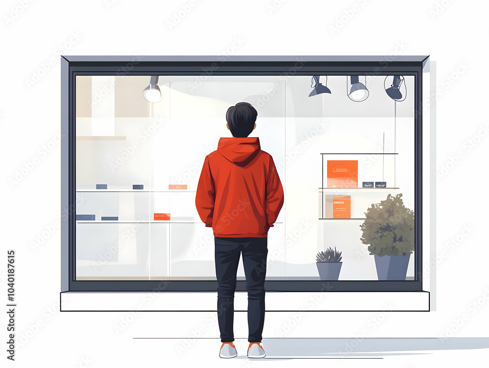 Poster flat candid shop window browsing illustration - visualize curiosity and buying decisions with a pers