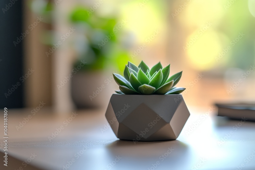 Aufkleber An elegant succulent in a polygonal pot is illuminated by warm sunlight, with a soft focus, creating a serene and calming atmosphere in the room.