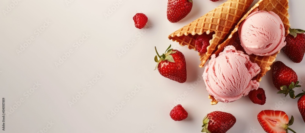 Poster copy space image of fresh strawberries and ice cream cones in a waffle cone on a light background vi