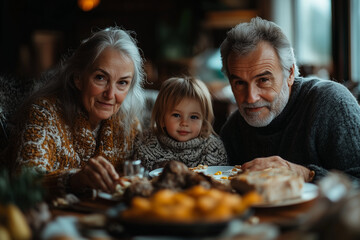 a family enjoying a delightful breakfast together. Family are gathered around a kitchen counter, smiling and interacting as they prepare plates with various pastries