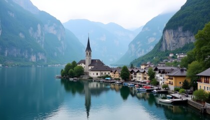 Fototapeta premium Tranquil lakeside village nestled amidst majestic mountains