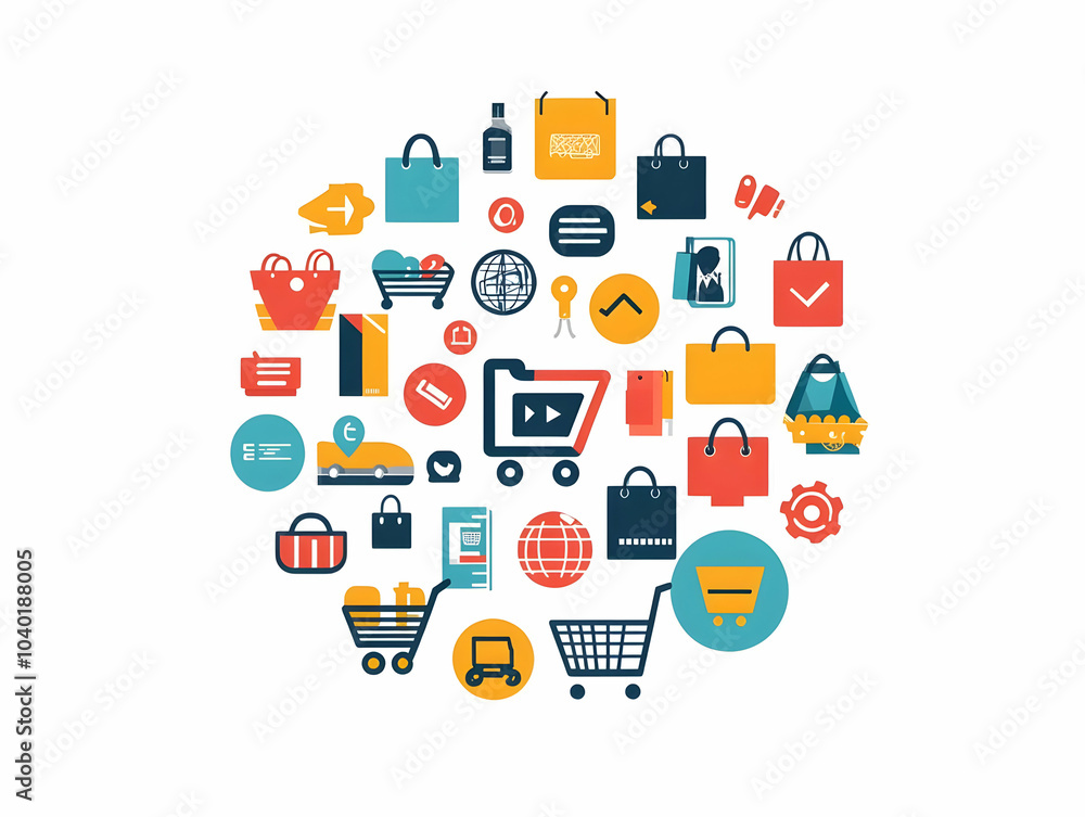Poster flat shopping icons orbiting concept various vector shopping icons cart bag tag depicted orbiting in