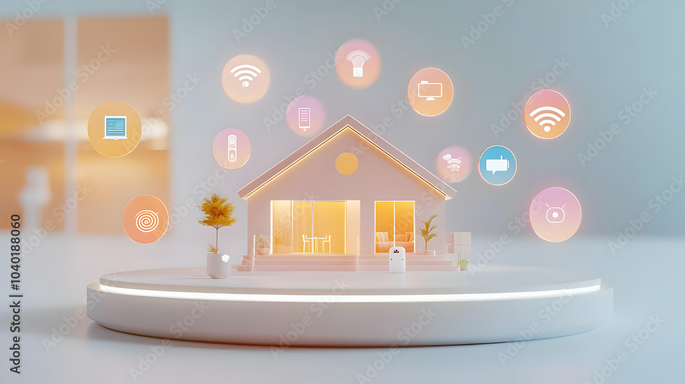 Poster 3d holographic smart home hub floating iot icons tracking shot circular motion white surface camera 