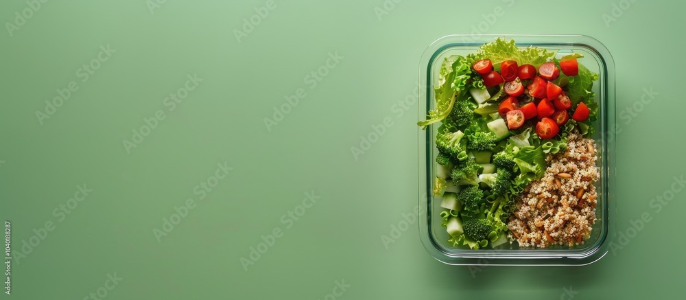 Poster glass container with a fresh salad cutlet and buckwheat on a green backdrop in a top view copy space