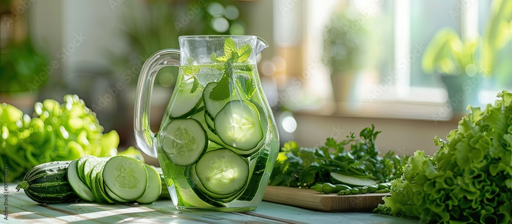 Poster close up view of a jug of cucumber water and fresh vegetables on a bright wooden table with room for