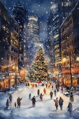 Fototapeta premium Beautiful Christmas tree in snowing winter in street in city.