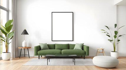 Mockup green wall with green sofa and decor in living room with frame