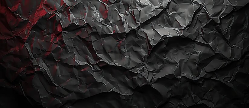 Crumpled black paper texture background with copy space image showcasing a dark wrinkled rolling paper sheet pattern and a creased crimson page wallpaper