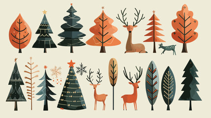 Flat lay illustration A collection of christmas trees and decorations including deer, Christmas Background, Christmas Decoration