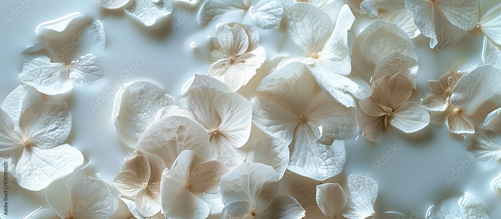 Poster background with hydrangea petals immersed in milk creating a textured copy space image