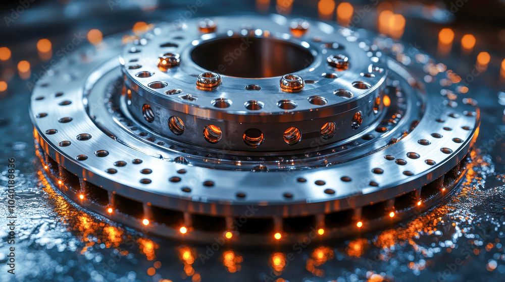 Poster detailed view of a high-performance disc brake system with glowing elements, emphasizing its precisi