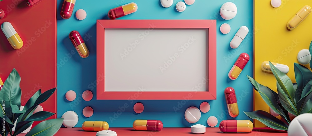 Poster a container with pills at the bottom a blank frame for copying images provided