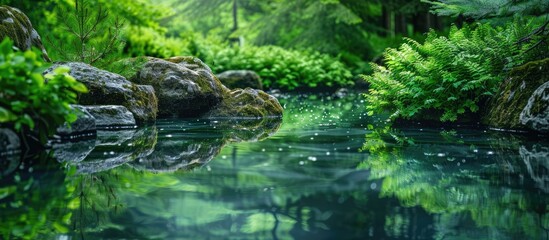 Fototapeta premium Evergreen plants like spruce and thuja are mirrored in the tranquil waters of the magic pond set in a serene garden creating an atmosphere of peace joy and serenity ideal for a copy space image