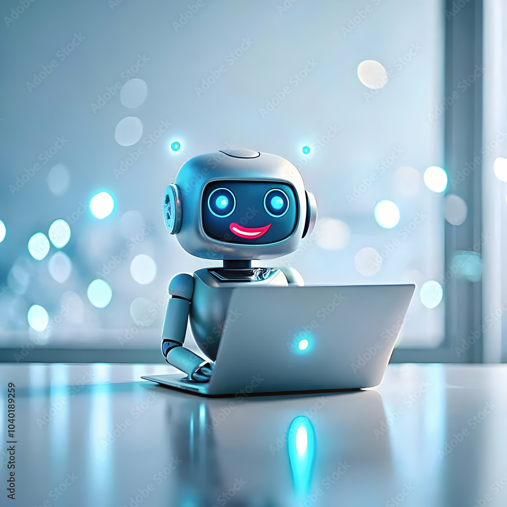 Poster bokeh digital art smiling customer ai chatbot laptop user friendly customer support abstract backgro