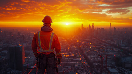 Fototapeta premium A construction worker stands on a high-rise, facing a stunning urban sunrise, symbolizing resilience, progress, and dedication