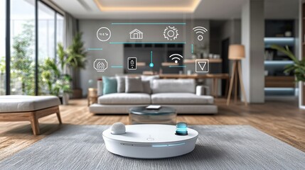 A smart home with a robot vacuum cleaner in the middle of the room