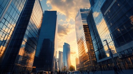 Modern skyscrapers under a vibrant sunset sky view