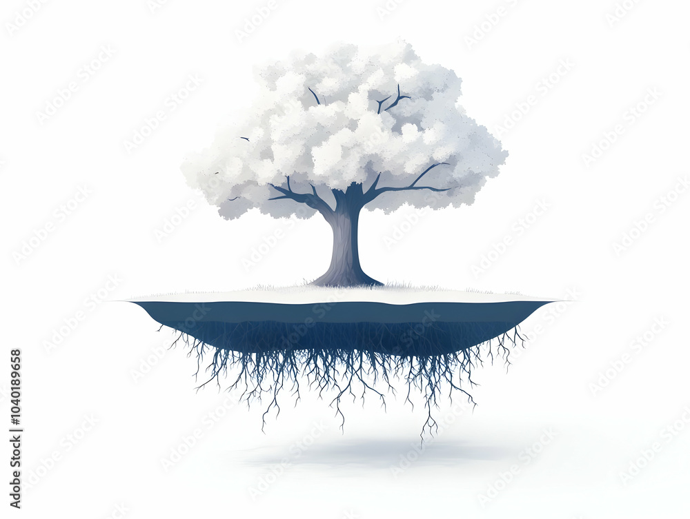 Poster flat levitating white tree concept medium shot floating roots smart business growth strong foundatio