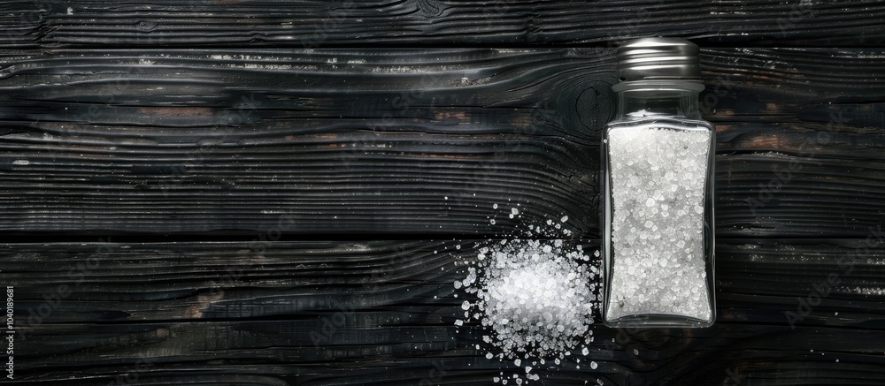 Poster top down view of a salt shaker on a black wooden surface with space available for adding text in the