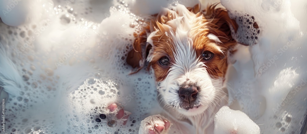 Poster overhead view of a joyful puppy bathed in a grooming salon with soap foam offering a blank image are