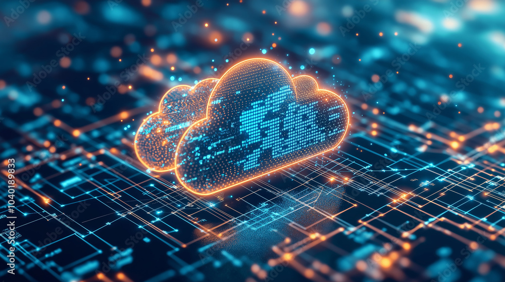 Poster iot data flowing into a cloud with remote servers managing the process, abstract digital landscape w