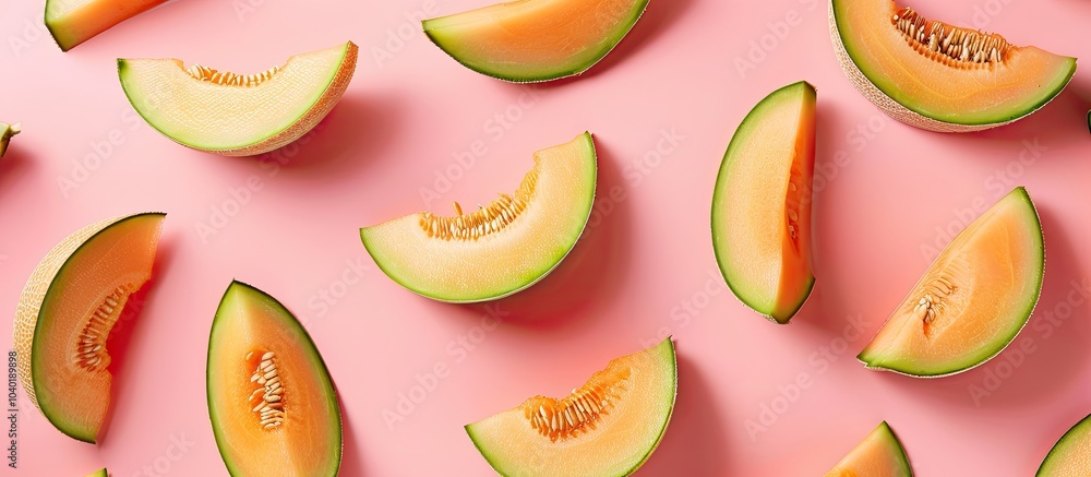 Poster sweet melon slices arranged on a pink background with ample copy space image